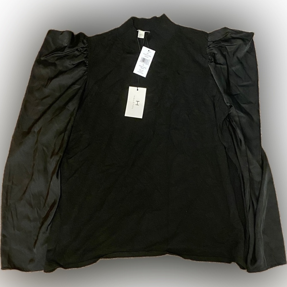 NWT Halston Black Knit / Silky Puff Sleeve Top